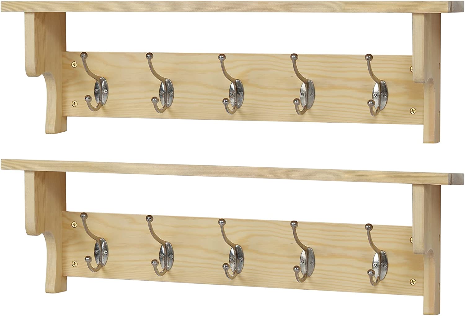 Set of 2 Coat Hooks Wall Mount with Shelf 26inch Rustic Wood Coat Rack with  5 Dual Metal Hooks 